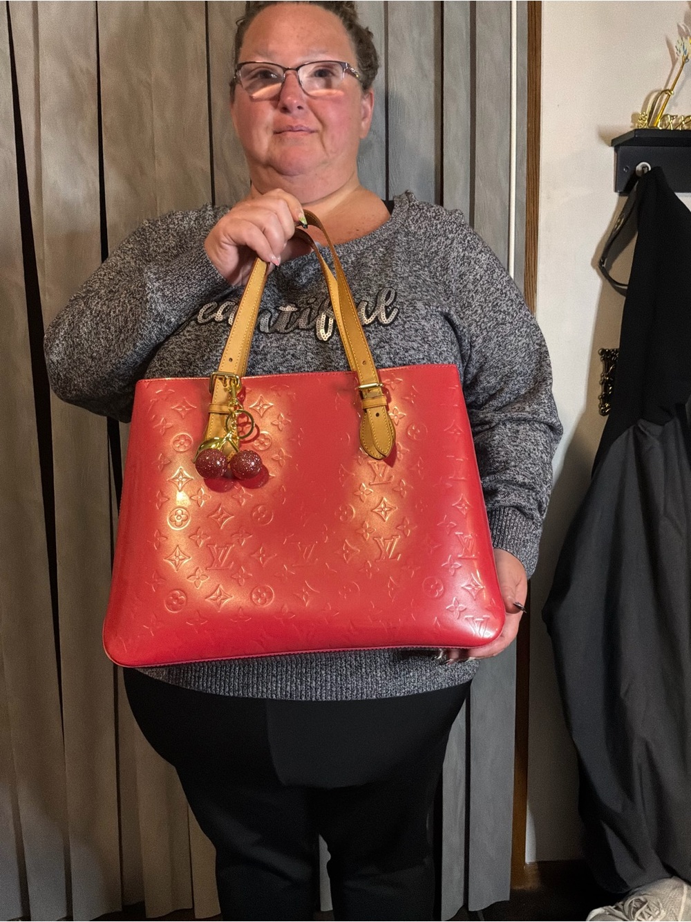 Louis Vuitton Coral Patent Monogram Tote with Tan Handles